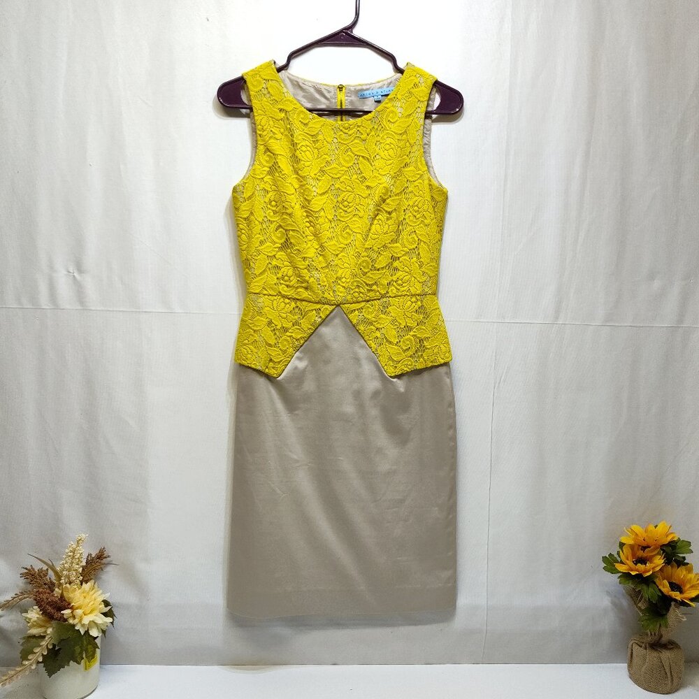 Antonio Melani Yellow Lace Overlay Peplum Top Beige Sheath Skirt Dress Size 2
